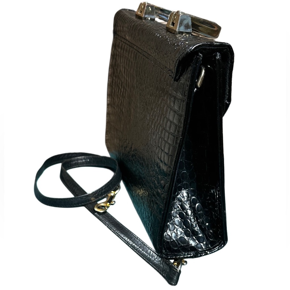 MICHELLE 80’s GENUINE LEATHER Croc-Embossed Black Burgundy Handle Satchel Strap - Picture 4 of 13